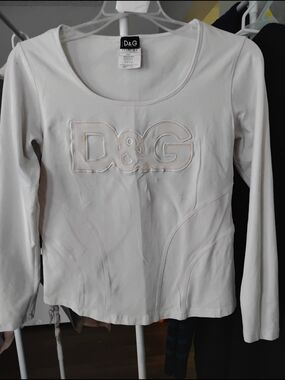D&G Vintage Stitched Logo White Long-Sleeve Stretch Scoop Neck Logo T Shirt Top